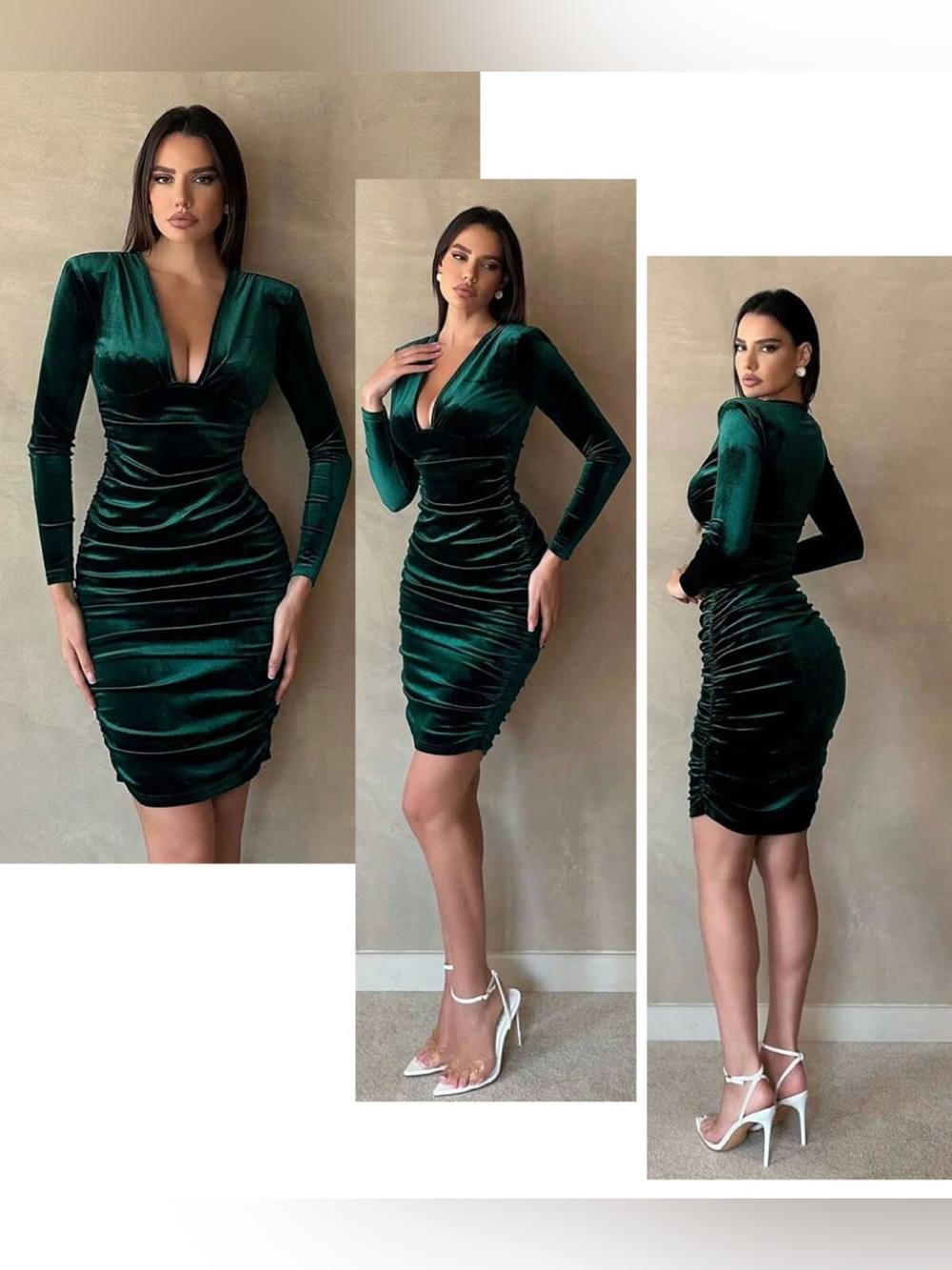 Emerald Green Velvet Ruched Long-Sleeve Bodycon Dress Sz M NWOT